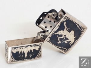 MS 235. Zippo bạc khối Thái Lan - men đen - bản lề đóng ngoài - khảm họa tiết chiến binh, chùa vàng - 1950s chưa qua sử dụng