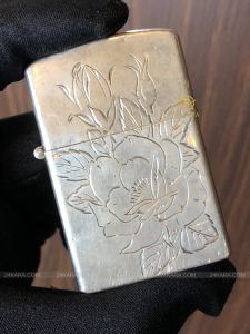 Zippo Bạc Khối Nhật Họa Tiết Đóa Hồng